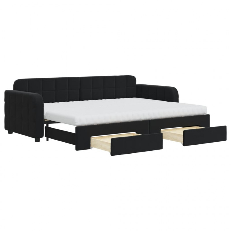Sofa rozsuwana z szufladami, czarna, 80x200 cm, aksamit