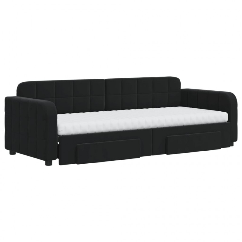 Sofa rozsuwana z szufladami, czarna, 80x200 cm, aksamit