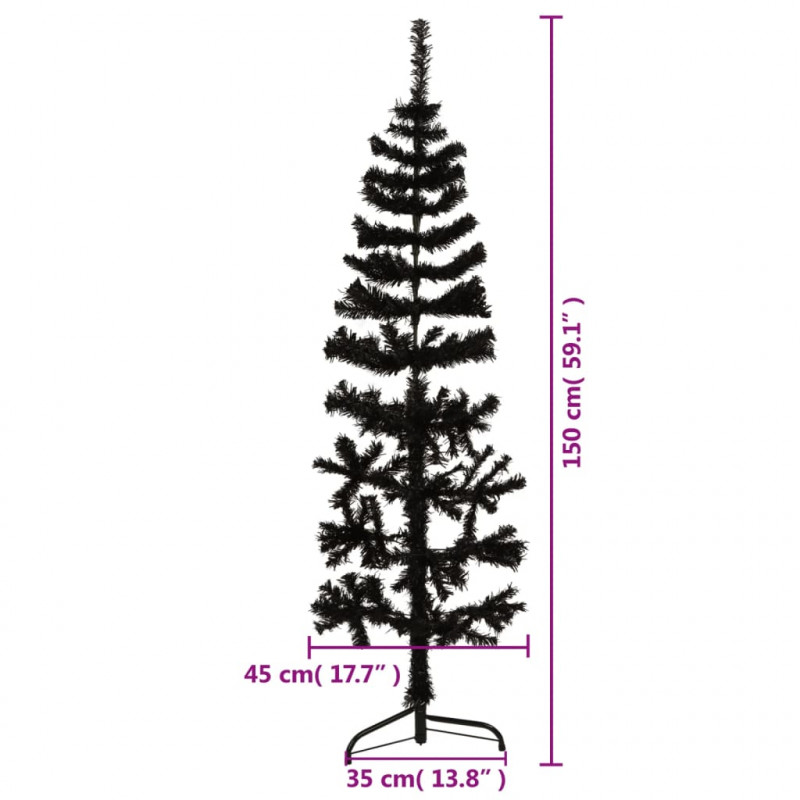 Smukła choinka połówka ze stojakiem, sztuczna, czarna, 150 cm