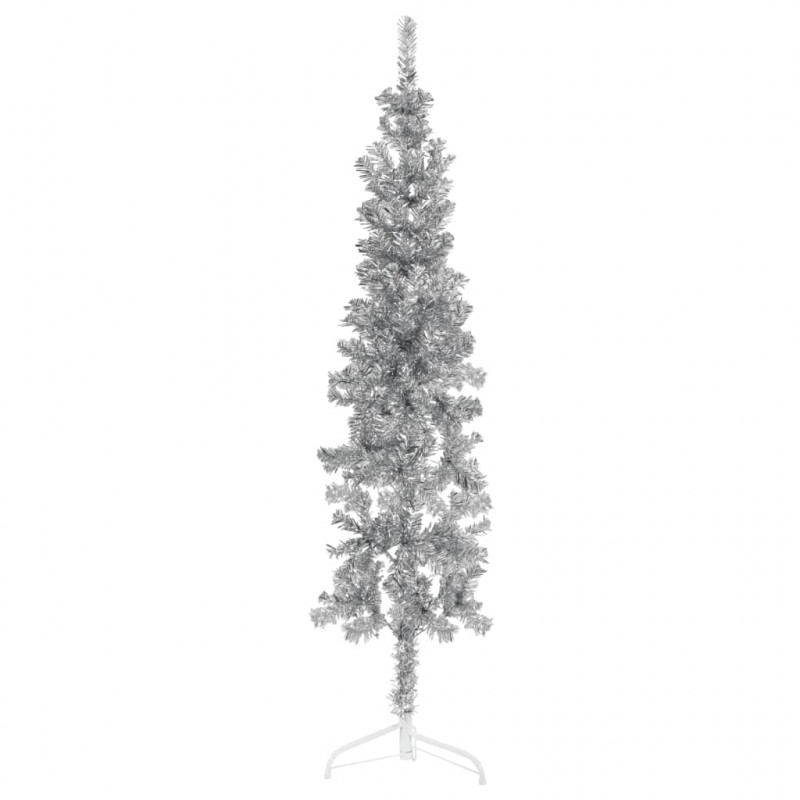 Smukła choinka połówka ze stojakiem, sztuczna, srebrna, 120 cm