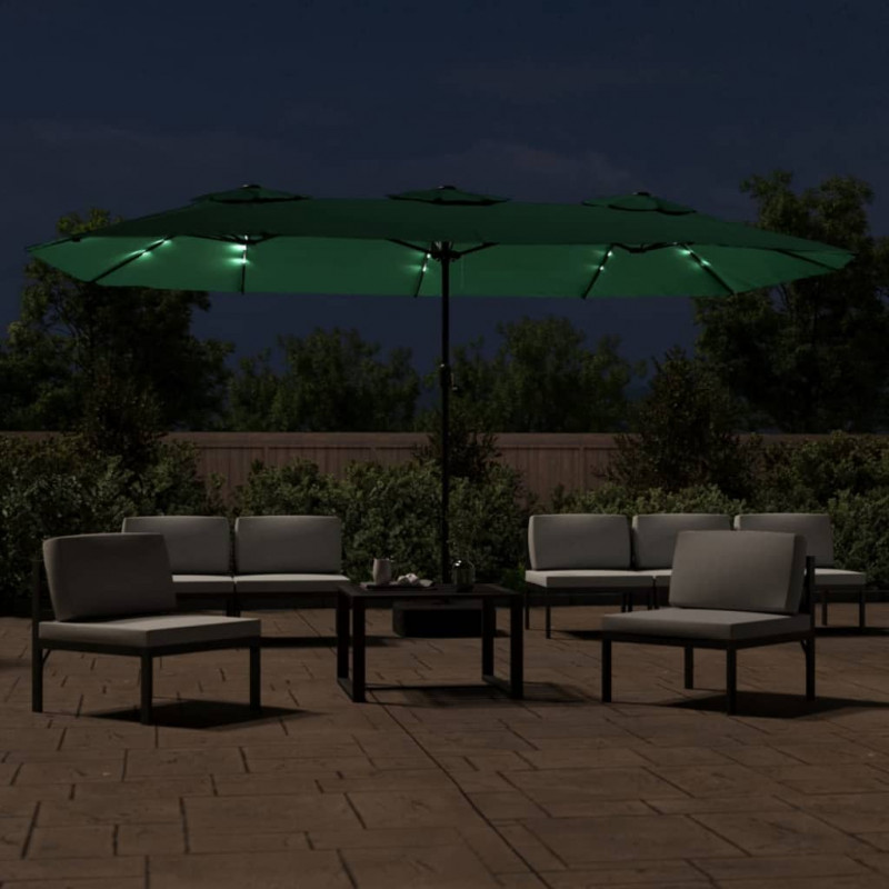 Podwójny parasol ogrodowy z LED, zielony, 449x245 cm