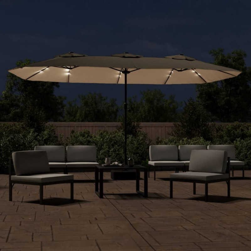 Podwójny parasol ogrodowy z LED, kolor taupe, 449x245 cm