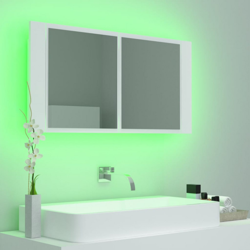 Szafka łazienkowa z lustrem i LED, biała, 90x12x45 cm, akryl