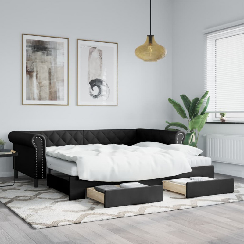 Sofa rozsuwana z szufladami, czarna, 90x200 cm, sztuczna skóra