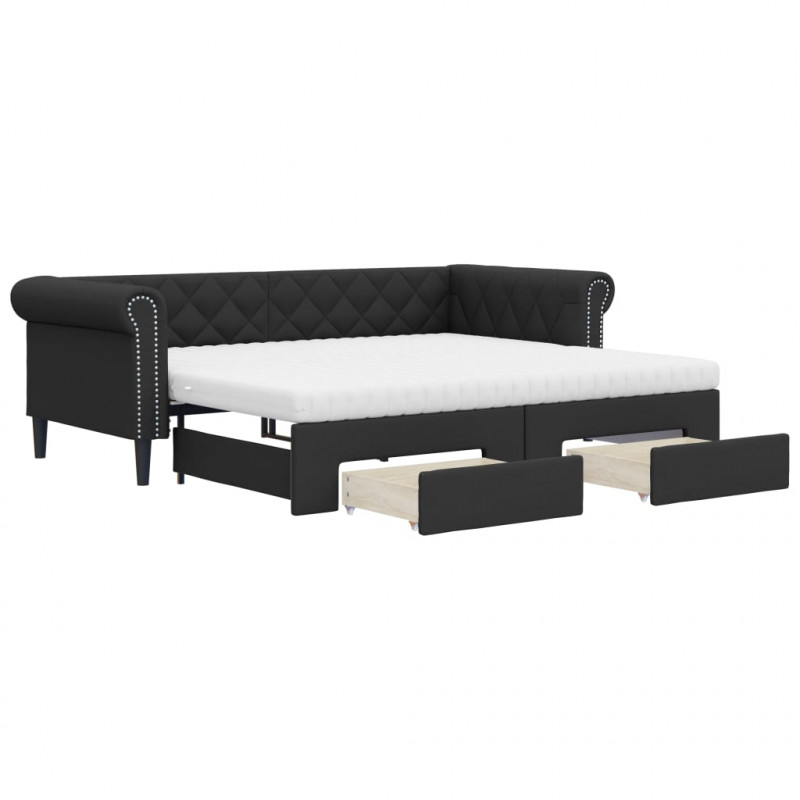 Sofa rozsuwana z szufladami, czarna, 90x200 cm, sztuczna skóra