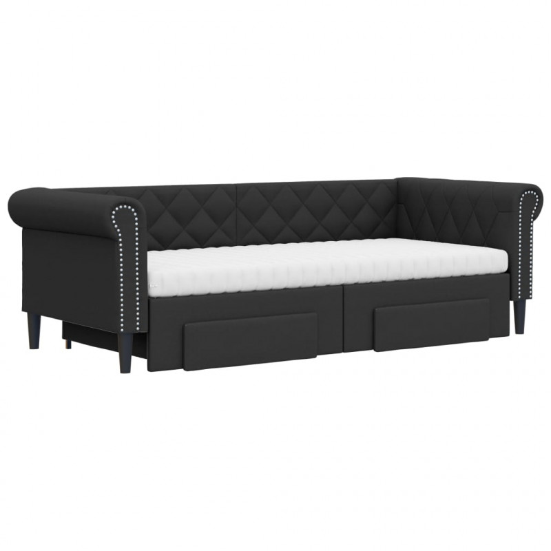 Sofa rozsuwana z szufladami, czarna, 90x200 cm, sztuczna skóra