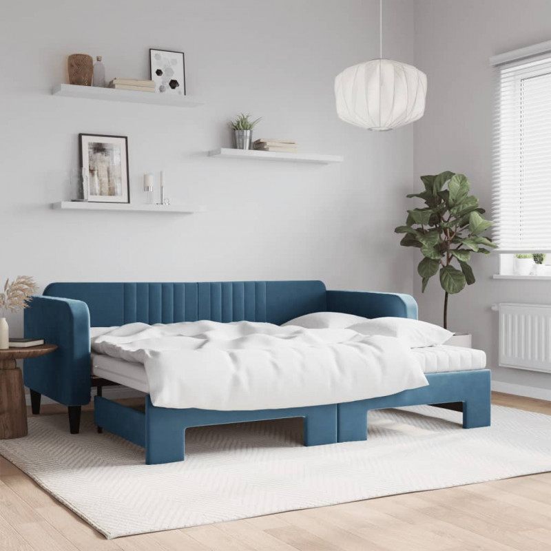 Sofa rozsuwana z materacami, niebieska, 90x200 cm, aksamit