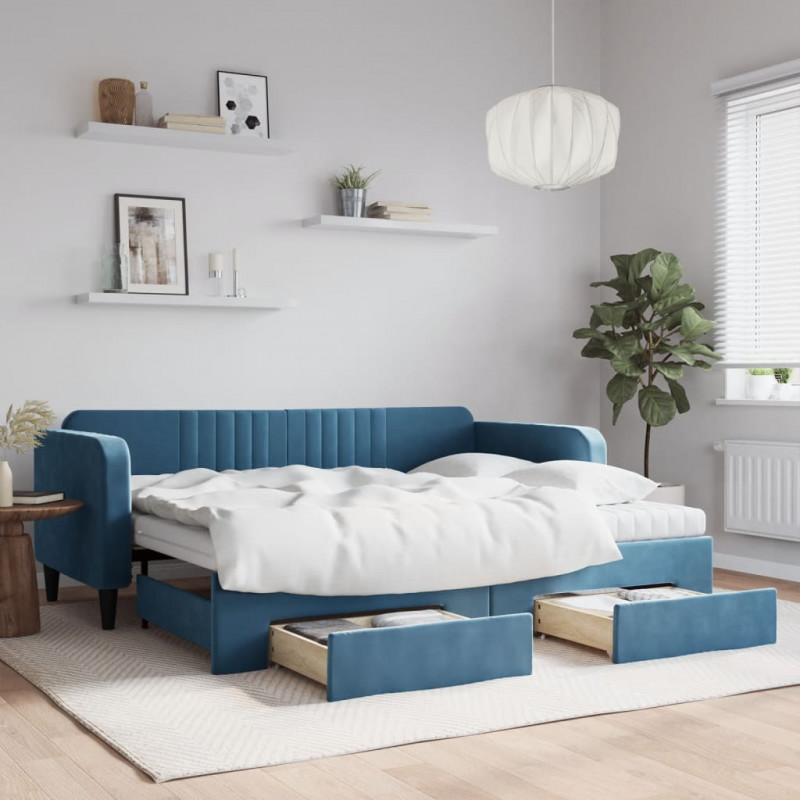 Sofa rozsuwana z szufladami, niebieska, 90x200 cm, aksamit