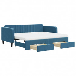 Sofa rozsuwana z szufladami, niebieska, 90x200 cm, aksamit