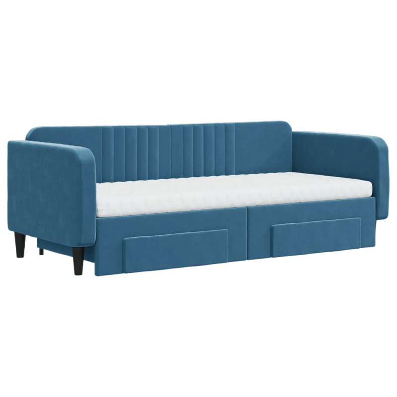 Sofa rozsuwana z szufladami, niebieska, 90x200 cm, aksamit