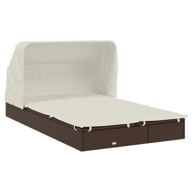 Leżak 2-os., składany dach, brązowy, 213x118x97 cm, polirattan
