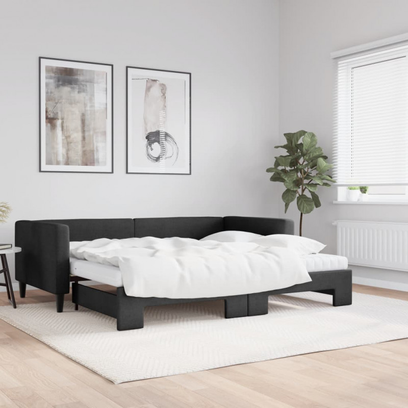 Sofa rozsuwana z materacami, czarna, 90x200 cm, tkanina