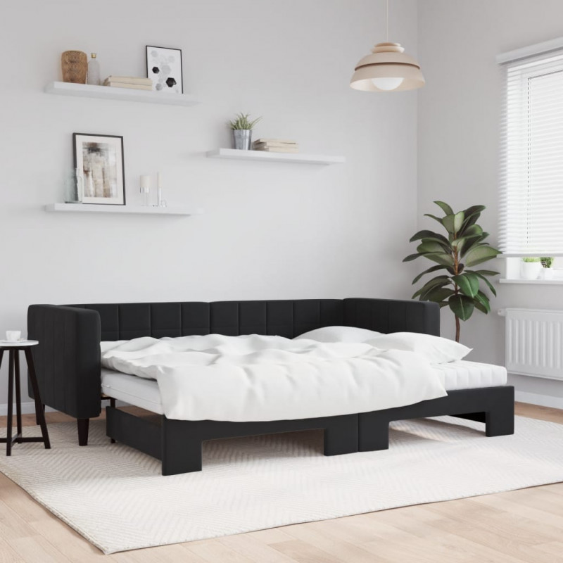 Sofa rozsuwana z materacami, czarna, 80x200 cm, aksamit
