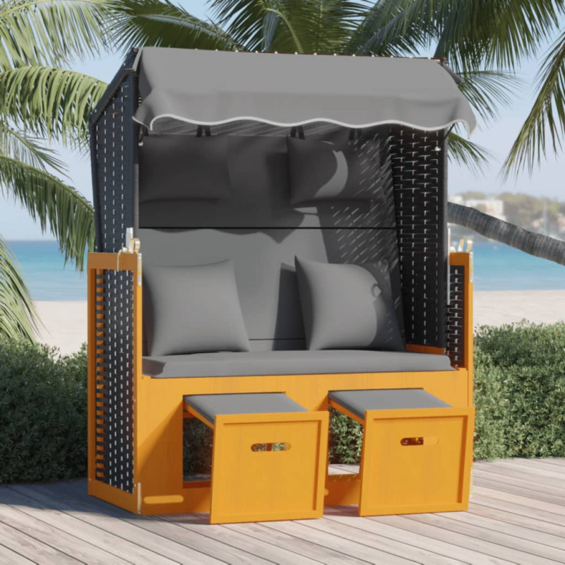 Kosz plażowy z poduszkami, rattan PE/drewno, czarno-antracytowy