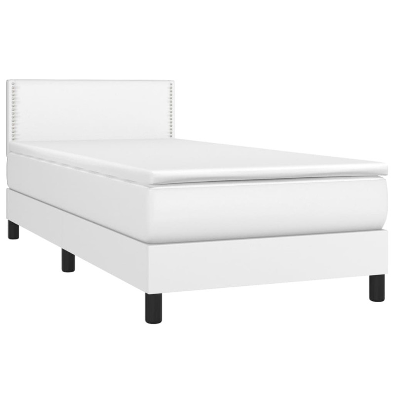 Łóżko kontynentalne z materacem i LED, biała ekoskóra 100x200cm