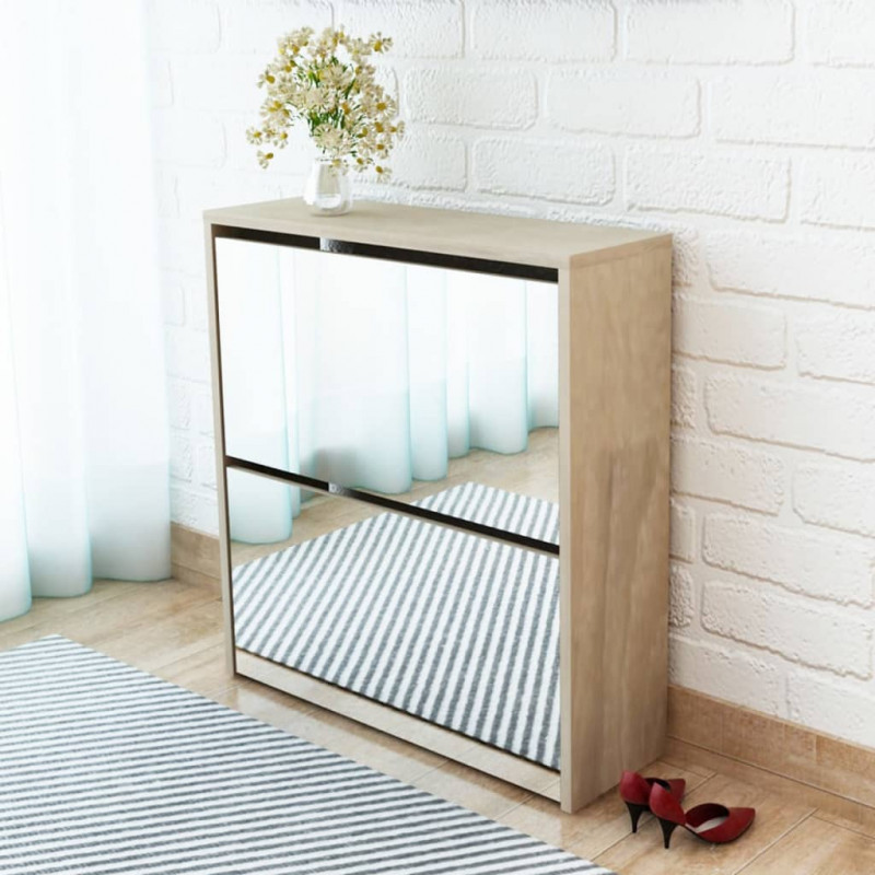 Szafka na buty z 2 półkami i lustrem, kolor dębu, 63x17x67 cm