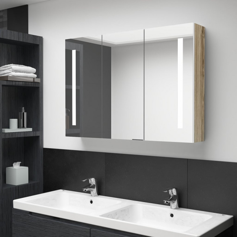 Szafka łazienkowa z lustrem i LED, 89x14x62 cm, biało-dębowa