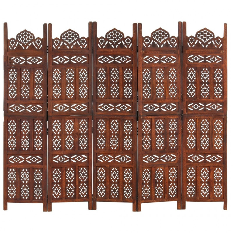 Parawan 5-panelowy, rzeźbiony, brąz, 200x165 cm, drewno mango