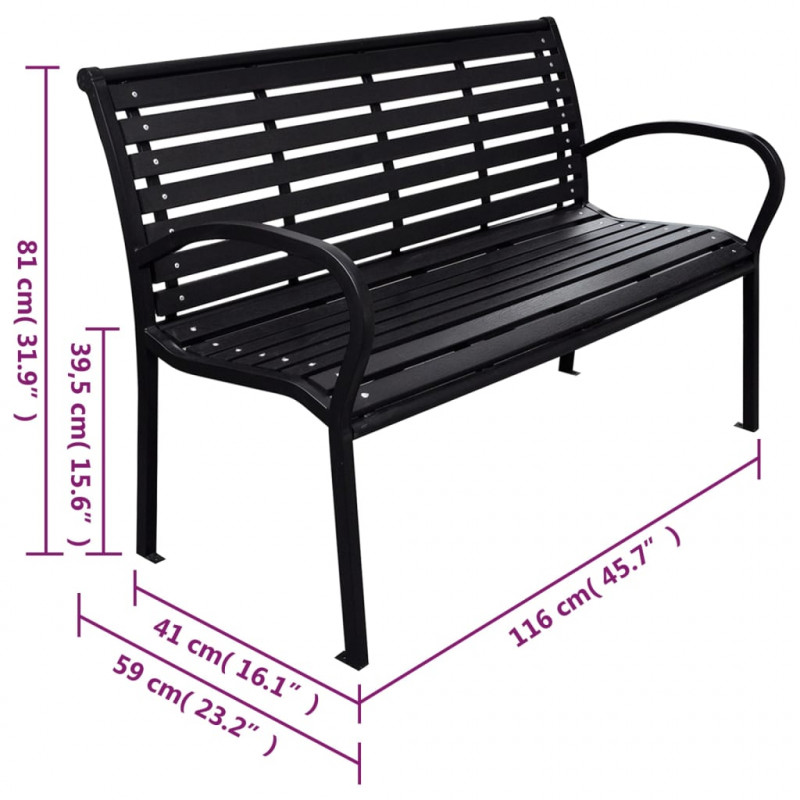 Ławka ogrodowa, czarna, 116 cm, stal i WPC