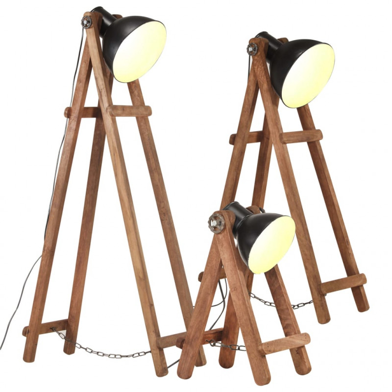 Lampy podłogowe, 3 szt., czarne, E27, lite drewno mango