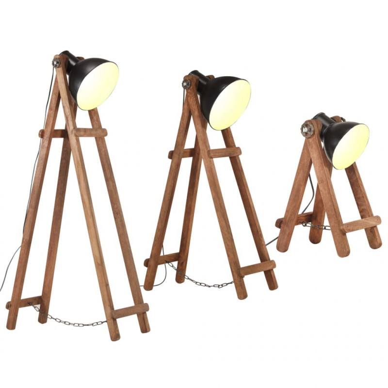 Lampy podłogowe, 3 szt., czarne, E27, lite drewno mango