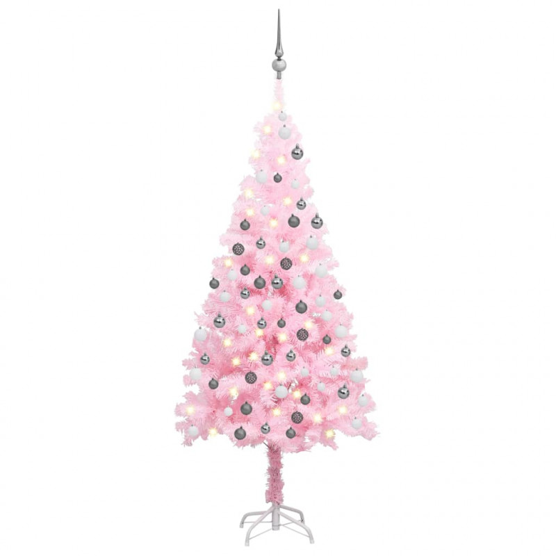 Sztuczna choinka z lampkami i bombkami, różowa, 150 cm, PVC