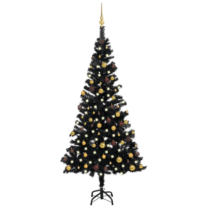 Sztuczna choinka z lampkami i bombkami, czarna, 150 cm, PVC