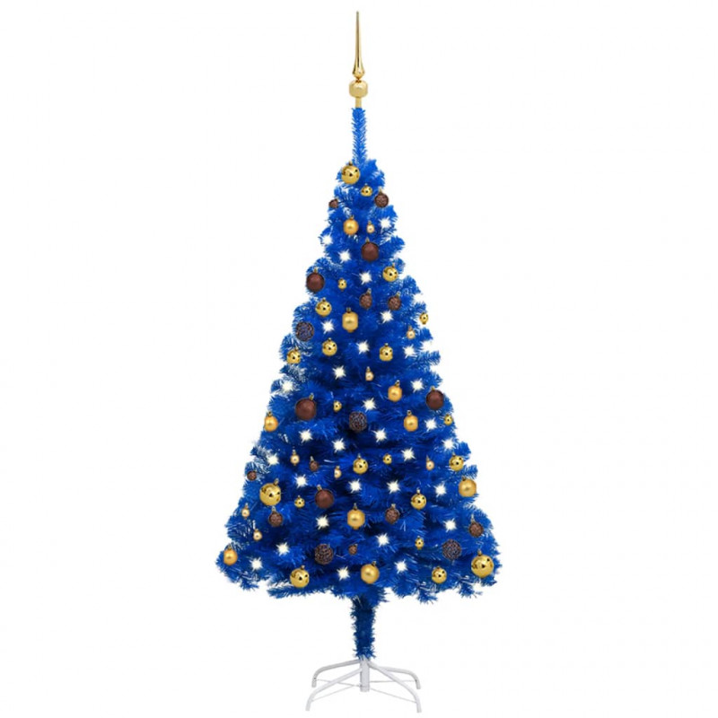 Sztuczna choinka z lampkami i bombkami, niebieska, 150 cm, PVC