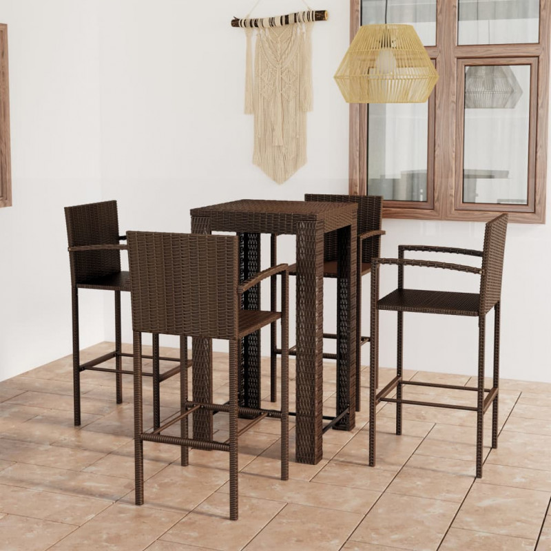 5-cz. zestaw mebli barowych z podłokietnikami, rattan PE, brąz