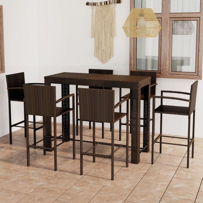 7-cz. zestaw mebli barowych z podłokietnikami, rattan PE, brąz