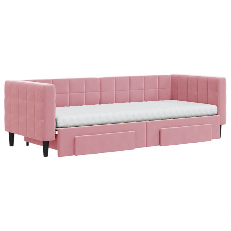 Sofa rozsuwana z szufladami, różowa, 80x200 cm, aksamit