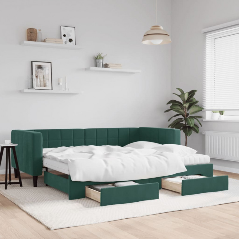 Sofa rozsuwana z szufladami, ciemnozielona, 90x200 cm, aksamit