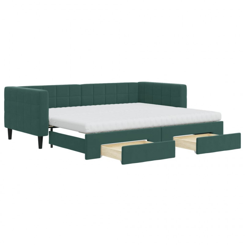 Sofa rozsuwana z szufladami, ciemnozielona, 90x200 cm, aksamit