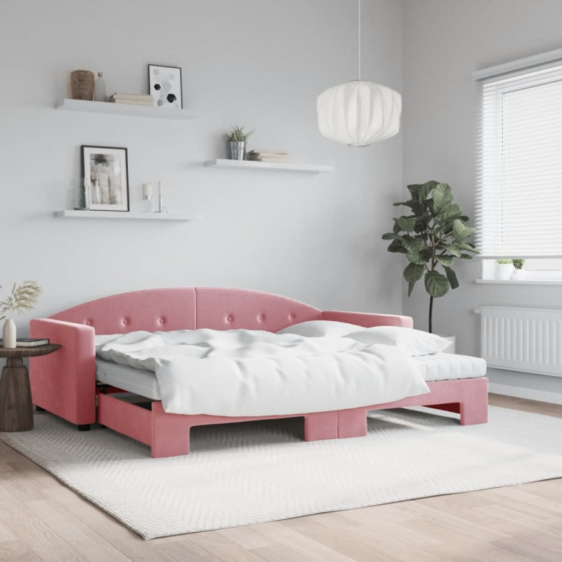 Sofa rozsuwana z materacami, różowa, 90x200 cm, aksamit