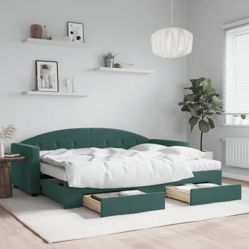 Sofa rozsuwana z szufladami, ciemnozielona, 80x200 cm, aksamit