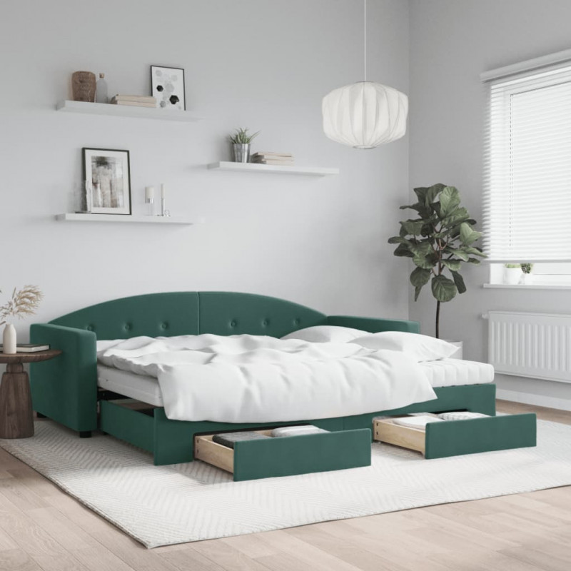 Sofa rozsuwana z szufladami, ciemnozielona, 90x200 cm, aksamit