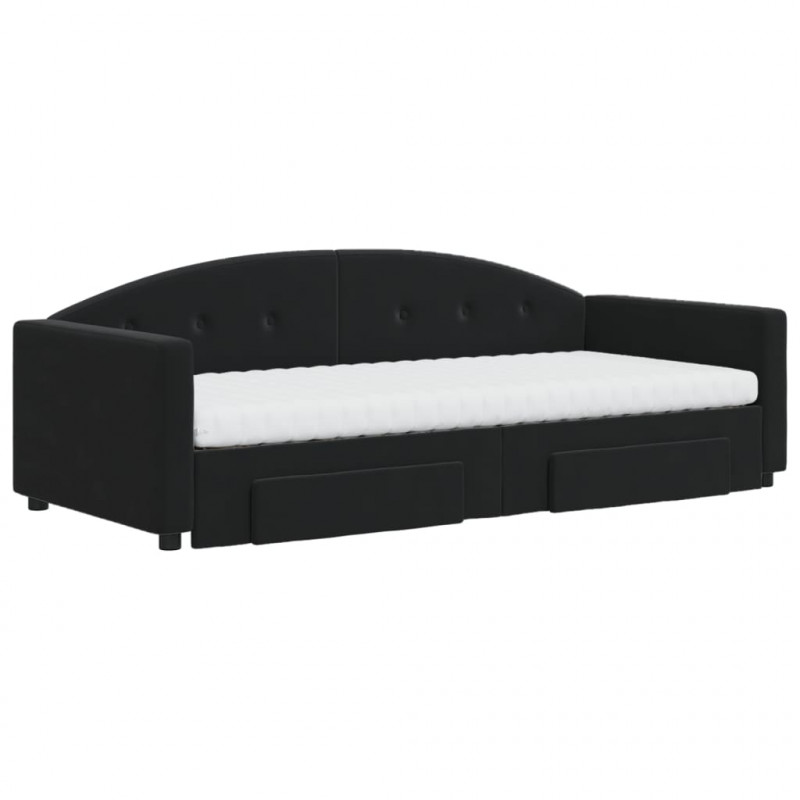 Sofa rozsuwana z szufladami, czarna, 90x200 cm, aksamit