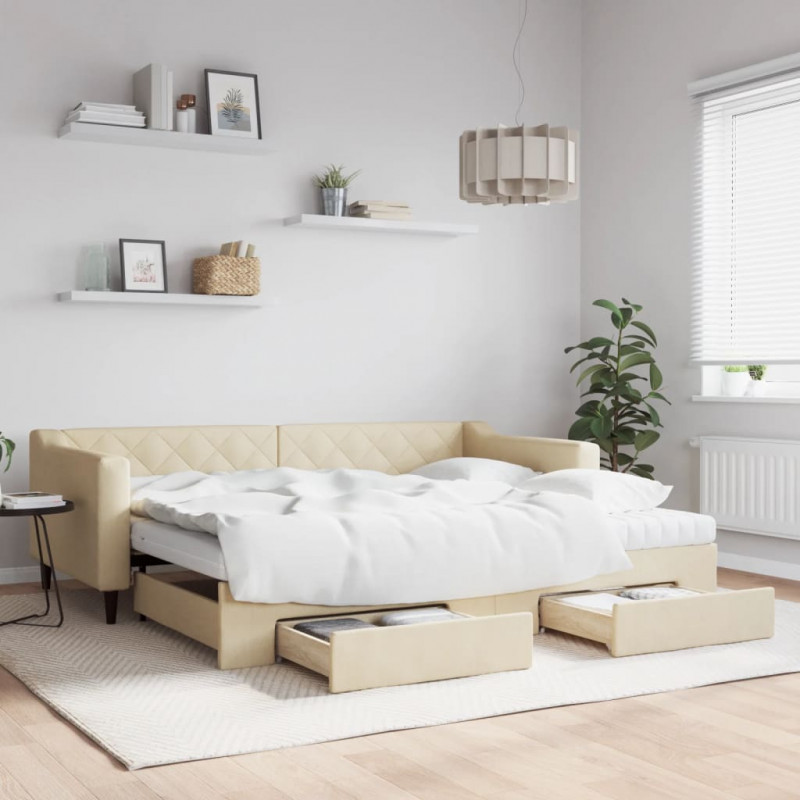 Sofa rozsuwana z szufladami, kremowa, 90x200 cm, tkanina