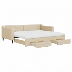 Sofa rozsuwana z szufladami, kremowa, 90x200 cm, tkanina
