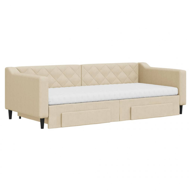 Sofa rozsuwana z szufladami, kremowa, 90x200 cm, tkanina