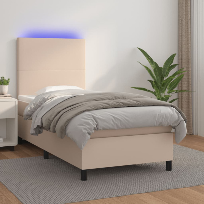 Łóżko kontynentalne, materac i LED cappuccino ekoskóra 90x190cm