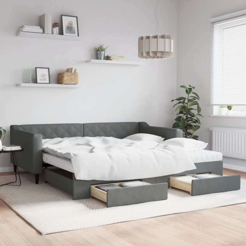 Sofa rozsuwana z szufladami, ciemnoszara, 100x200 cm, tkanina