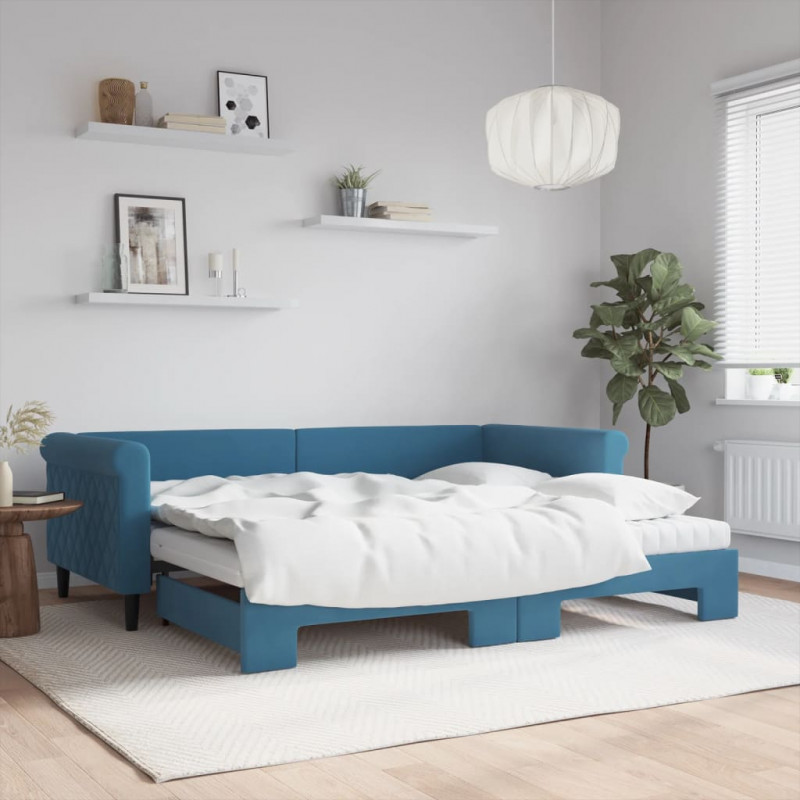 Sofa rozsuwana z materacami, niebieska, 90x200 cm, aksamit