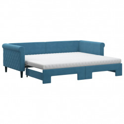Sofa rozsuwana z materacami, niebieska, 90x200 cm, aksamit