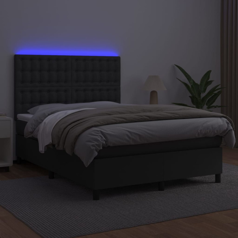 Łóżko kontynentalne z materacem i LED czarna ekoskóra 140x200cm
