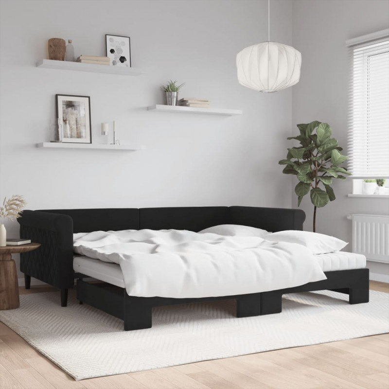 Sofa rozsuwana z materacami, czarna, 100x200 cm, aksamit