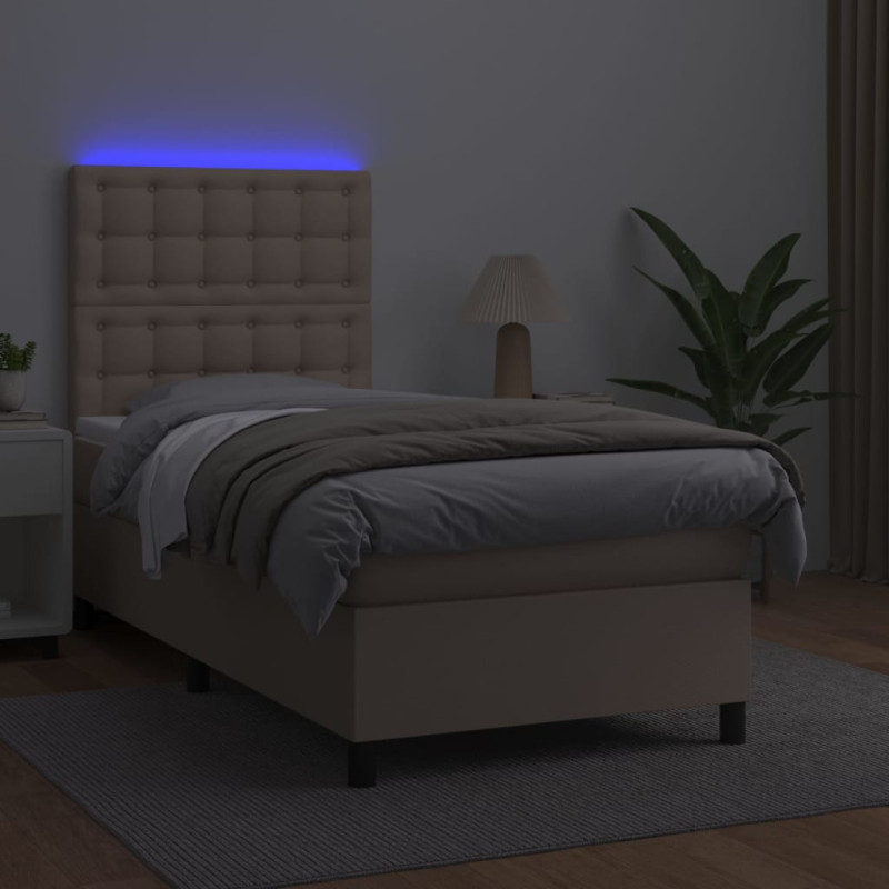 Łóżko kontynentalne, materac i LED cappuccino ekoskóra 90x200cm