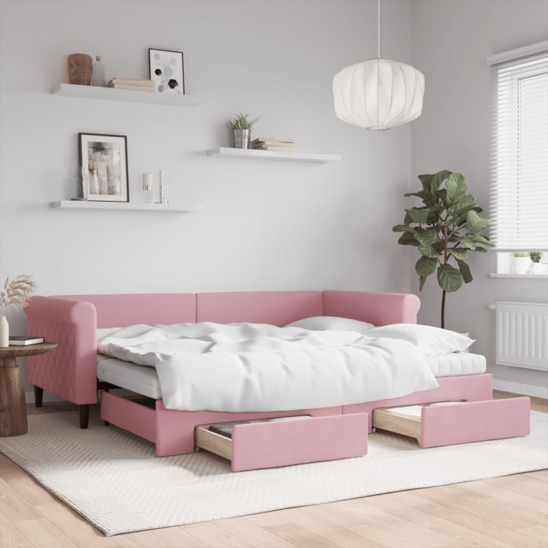 Sofa rozsuwana z szufladami, różowa, 90x200 cm, aksamit