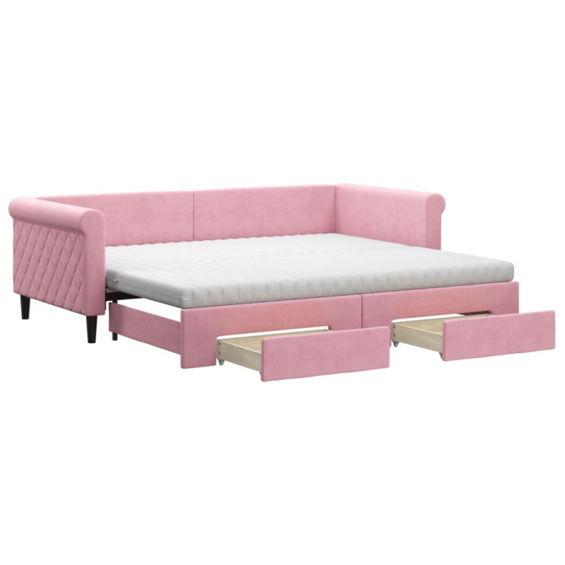 Sofa rozsuwana z szufladami, różowa, 90x200 cm, aksamit