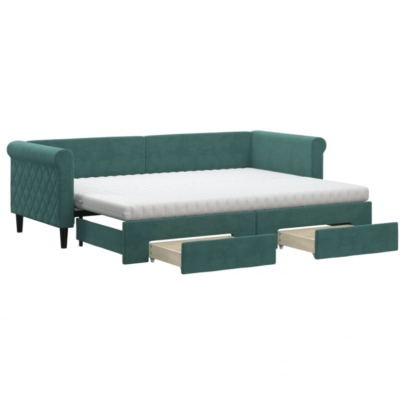 Sofa rozsuwana z szufladami, ciemnozielona, 80x200 cm, aksamit